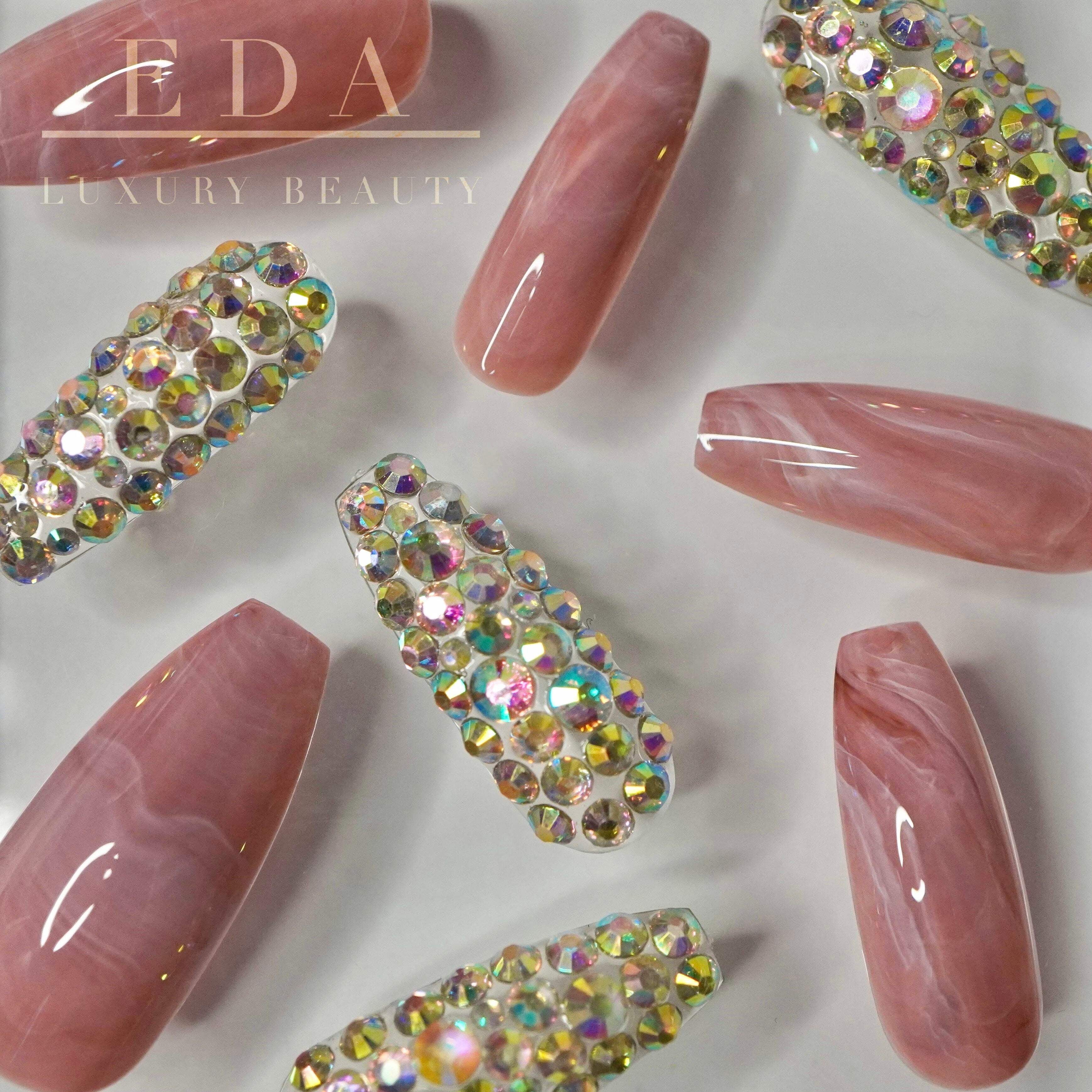 Nude Pink 3D Crystal Press On Nails, Extra Long Coffin Rhinestones Fake Nails, Marble Blossom