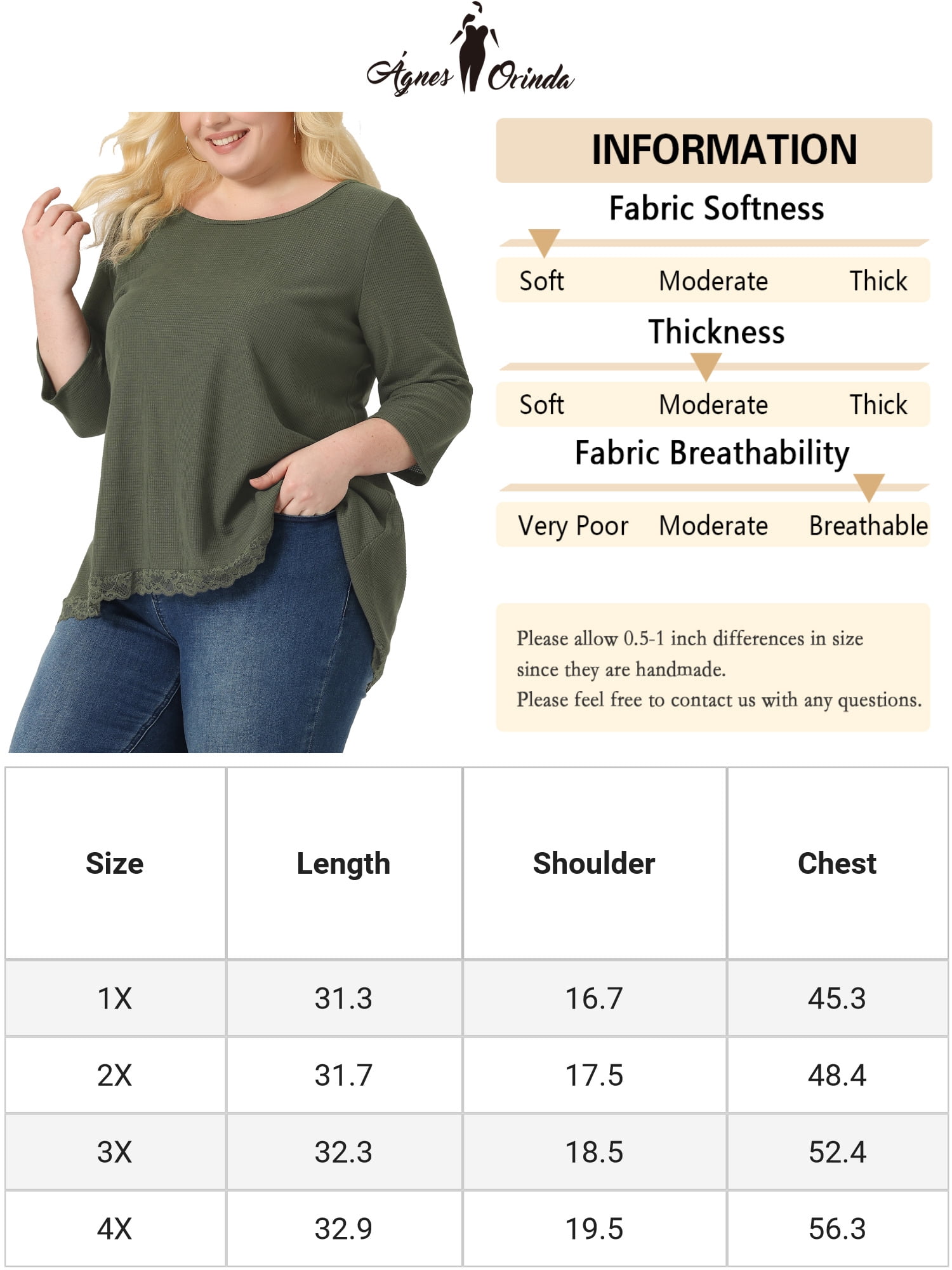 Unique Bargains Women's Plus Size Blouse Waffle Round Neck Lace Panel High Low Hem Tops 2X Army Green