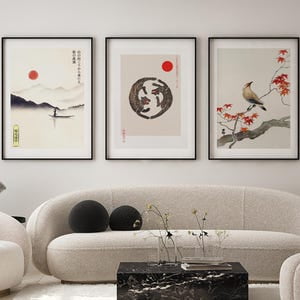 Japanese Wall Art Set of 3, Vintage Oriental Landscape Prints, Zen Japandi Home Decor, Red Sun Tiger Bird Poster, Asian Gallery Wall Collage, Poster Only