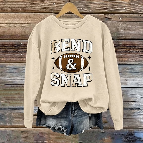 Women's Funny Letter Printed Graphic Football Fan Sweatshirt,Long sleeve Casual Crewneck Pullover Tops for Game Day,Weekend,Daily Wear Beige L