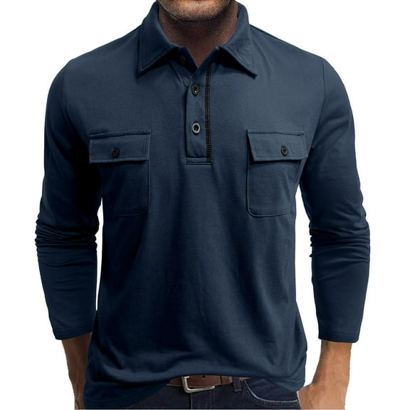 Fnnxeal Polo Shirts for Men, Fall Winter Outdoor Collared Casual Polo with Pocket Knit Mens Navy Button Shirts Size 2XL