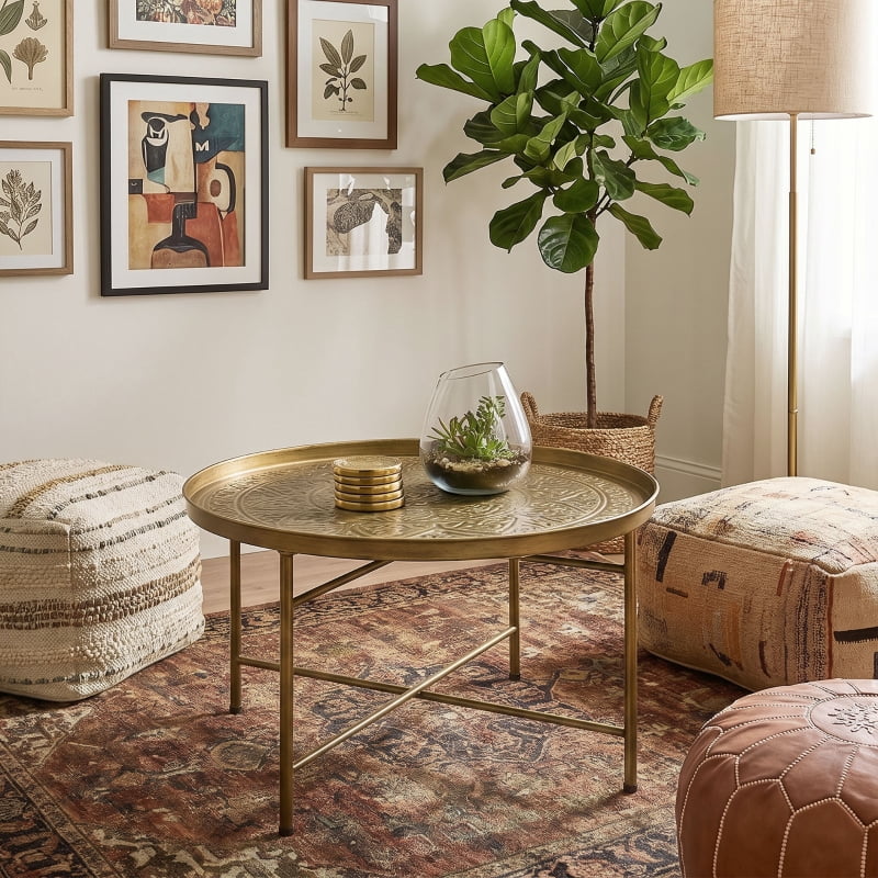 Alvantor Round Coffee Table with Hammered Tray Top & Metal Frame 24"x24"x15.7" Gold