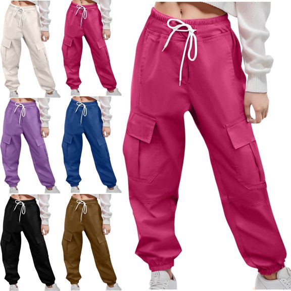 Crunowin Girls Kids Cargo Pants Functional Side Pockets Relaxed Fit Spring Fall Khaki Size 9