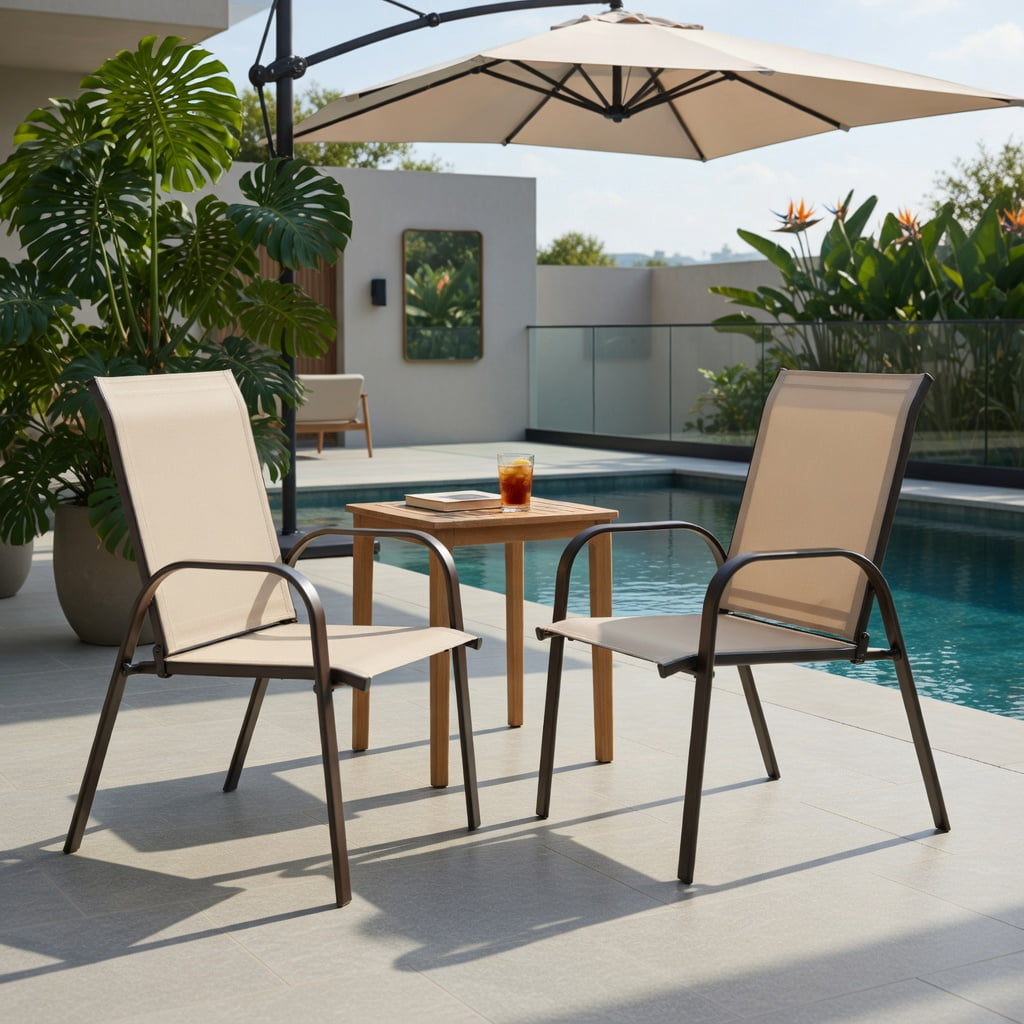 Hommoo 2-Pack Outdoor Patio Dining Chairs with Armrests, Heavy-Duty Steel Frame, Breathable Fabric, Stackable & Easy Assembly for Deck, Pool, Garden & Balcony, Beige