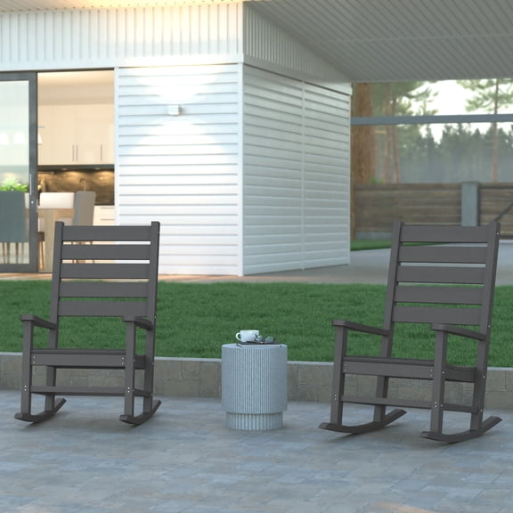 Emma Oliver Set of 2 Contemporary Rocking Chairs, All-Weather HDPE Indoor/Outdoor Rockers in Gray