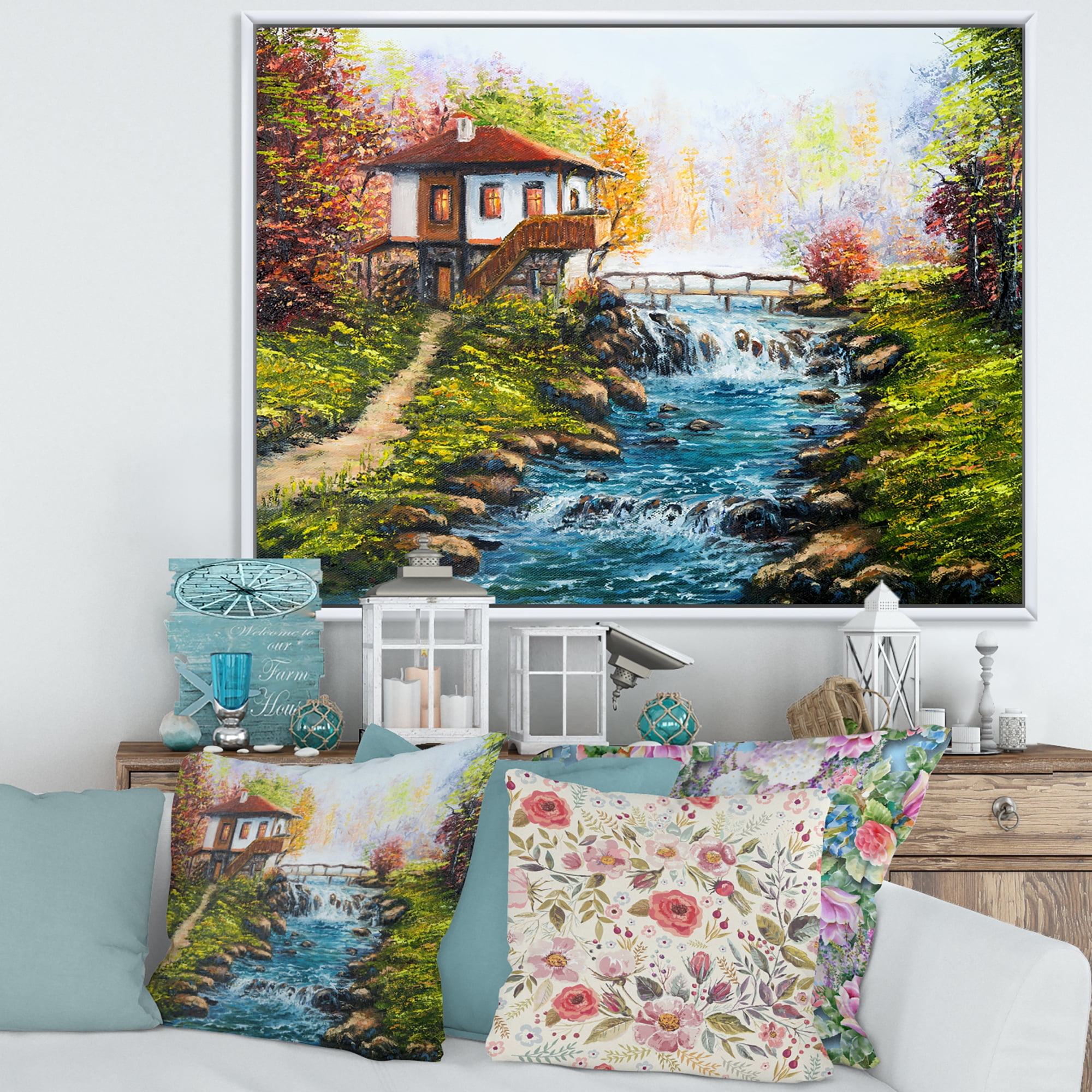 Designart 'Traditional Bulgarian River and House' Lake House Framed Canvas Wall Art Print