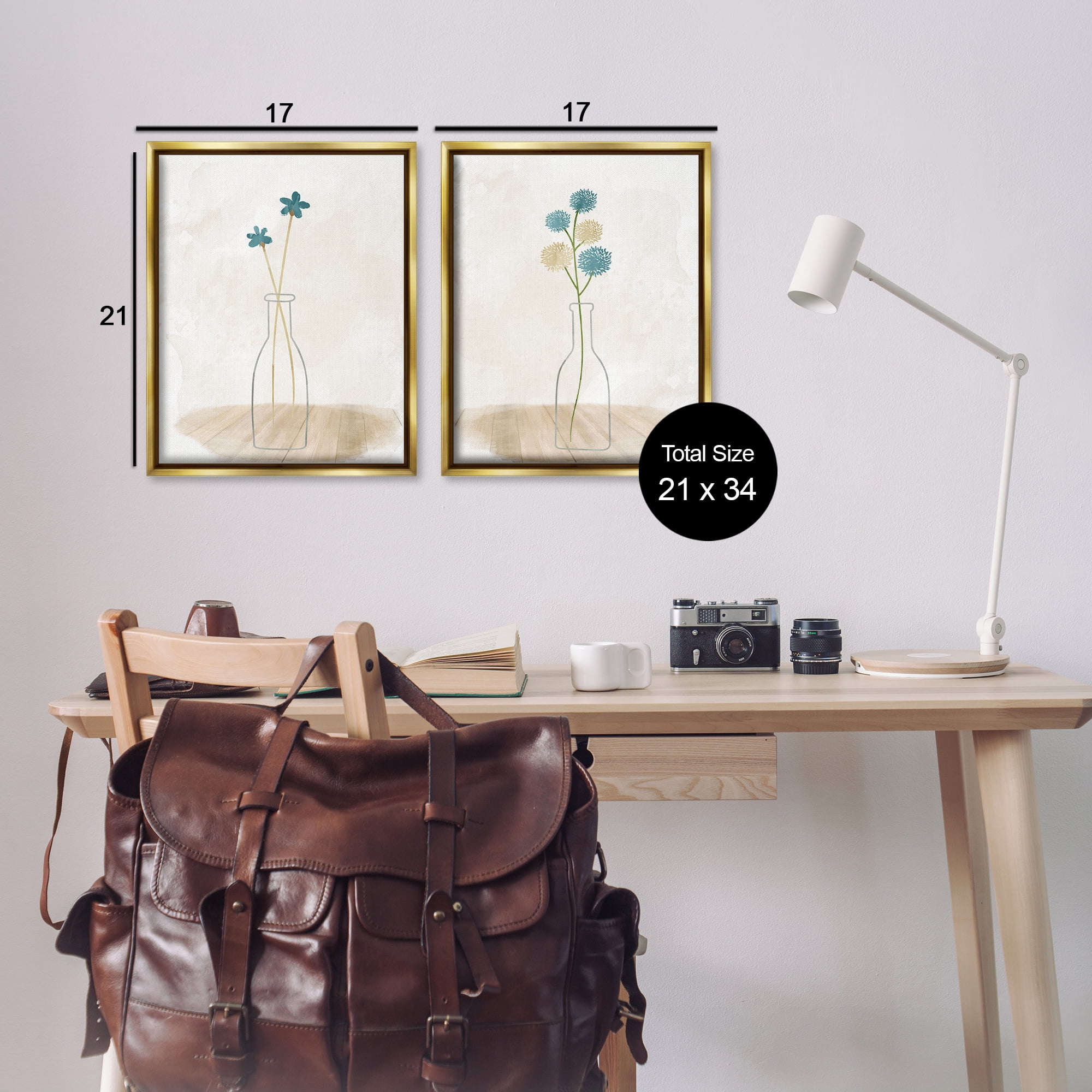 Stupell Industries Simple Flower Sprigs Clear Vase Plants & Flowers Painting Gold Floater Framed Canvas Art Print Wall Art, 17 x 21, Set of 2