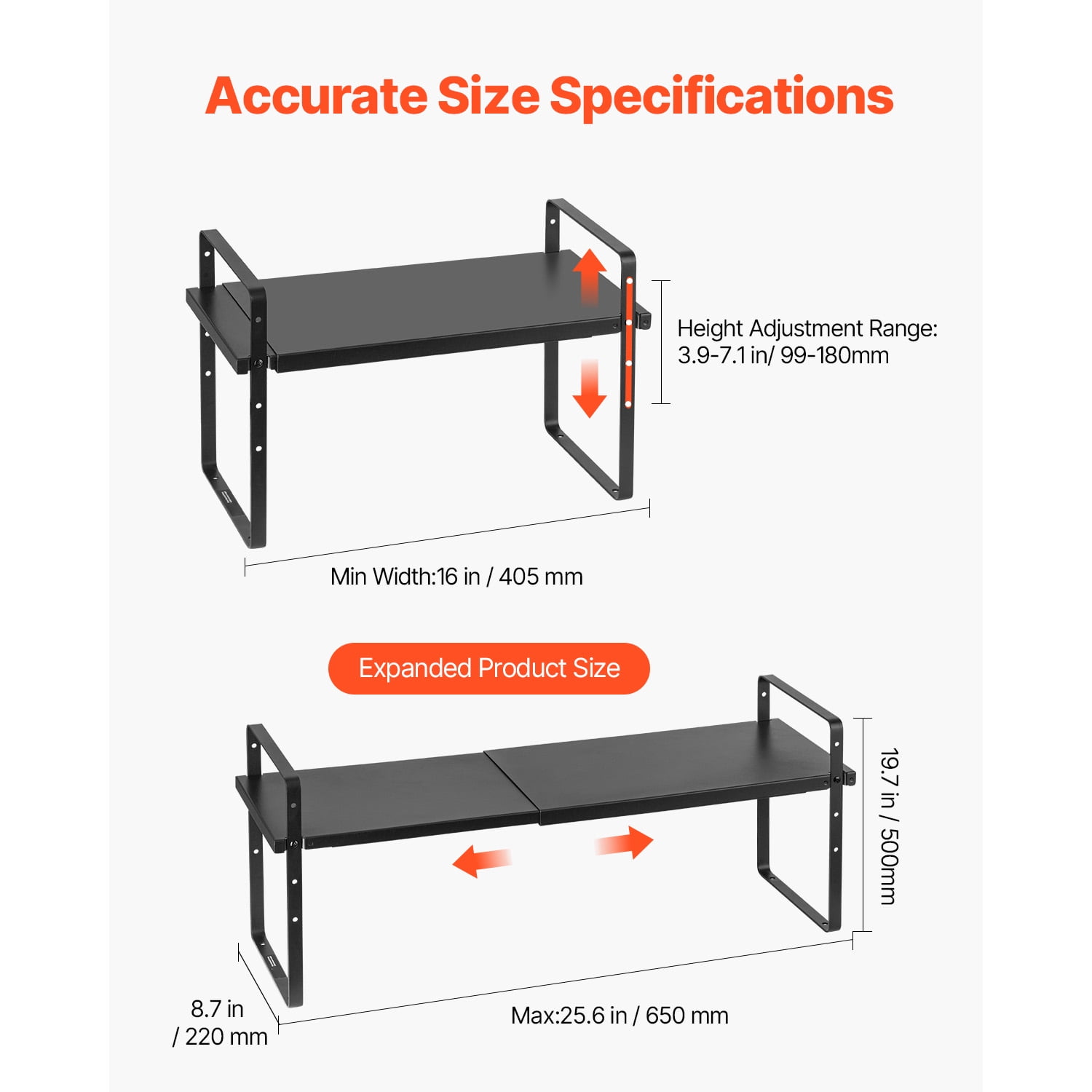 KFFKFF Flexible Kitchen Cabinet Storage, 2 Level Expandable Cabinet Organizer, Stackable Shelf for Countertop Storage, Shelf Elevators for Kitchen, Bathroom, and Office Use, Black