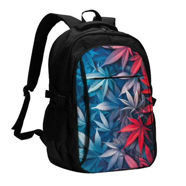 Easygdp Red And Blue Leaves Mochila para Laptop de Viaje con Puerto USB, Mochila para Laptop con Puerto de Carga USB para Mujeres y Hombres