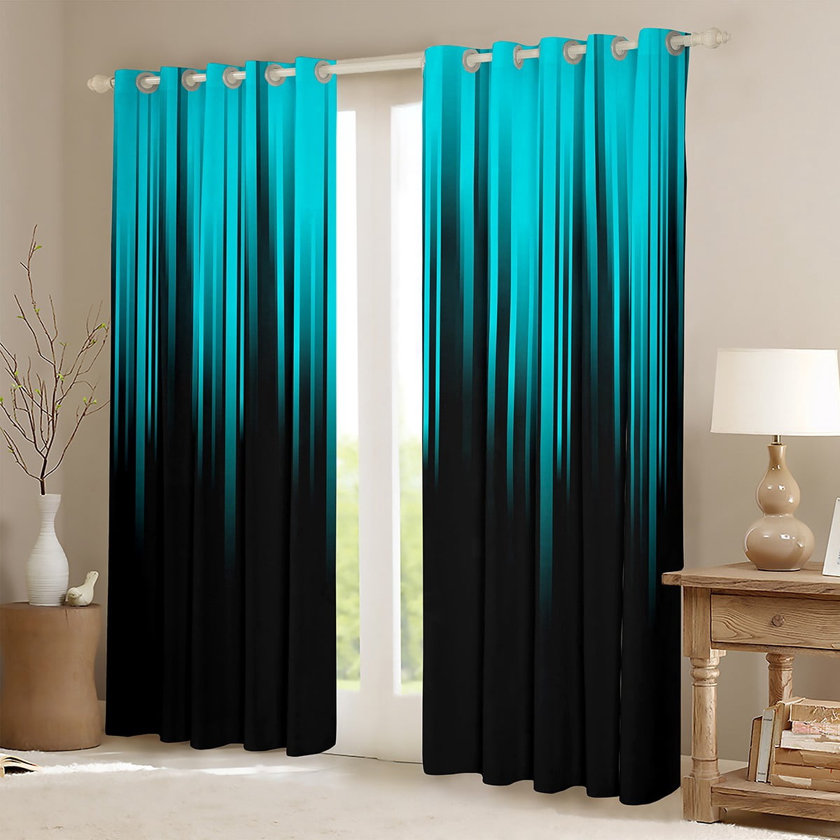 Gradient 30%-50% Blackout Curtains Teal Black Abstract Ombre Curtains & Drapes,Geometry Striped Window Curtains,Boho Exotic Hippie Geometric Stripes Curtains 42"Wx63"L