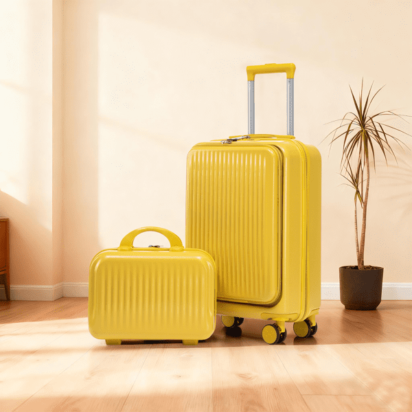 14"/20" in ABS Spinner Wheel Luggage, 2Pcs/Set with Combination Lock and Front Opening Design, 14" Cosmetic Case (Yellow)