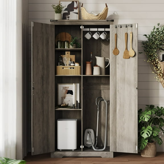 72" H Farmhouse Storage Cabinet with Adjustable Shelves, Large Pantry Organize with 2 Barn Doors, Tall Freestanding Cabinet for Kitchen, Bathroom/Garage/Basement/Living/Utility Room