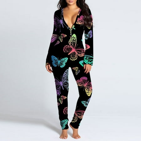 

qucoqpe Sexy V Neck One Piece Pajamas - Women s Union Suit Pajamas with Drop Seat Long Sleeve Sexy Butt Flap Jumpsuit Rompers Plus Size Pajamas Onesies
