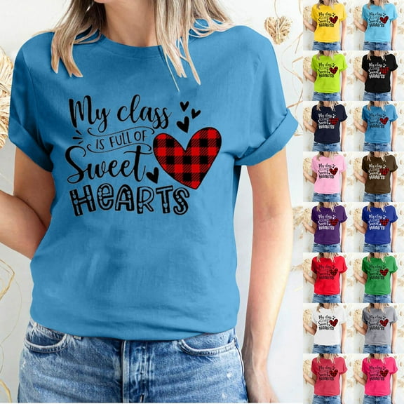 Fesfesfes T Shirts for Women's Valentine's Day Love Printed Short Sleeved T-shirt Top Short Sleeved Round Neck Top/Shirt Shirt for Women L(US:8)