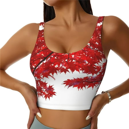 Adobk Red Maple Leaf Print Sports Bras for Women Longline Workout Crop Tank Tops Padded with Built in Shelf Padded Sports Bra-Large