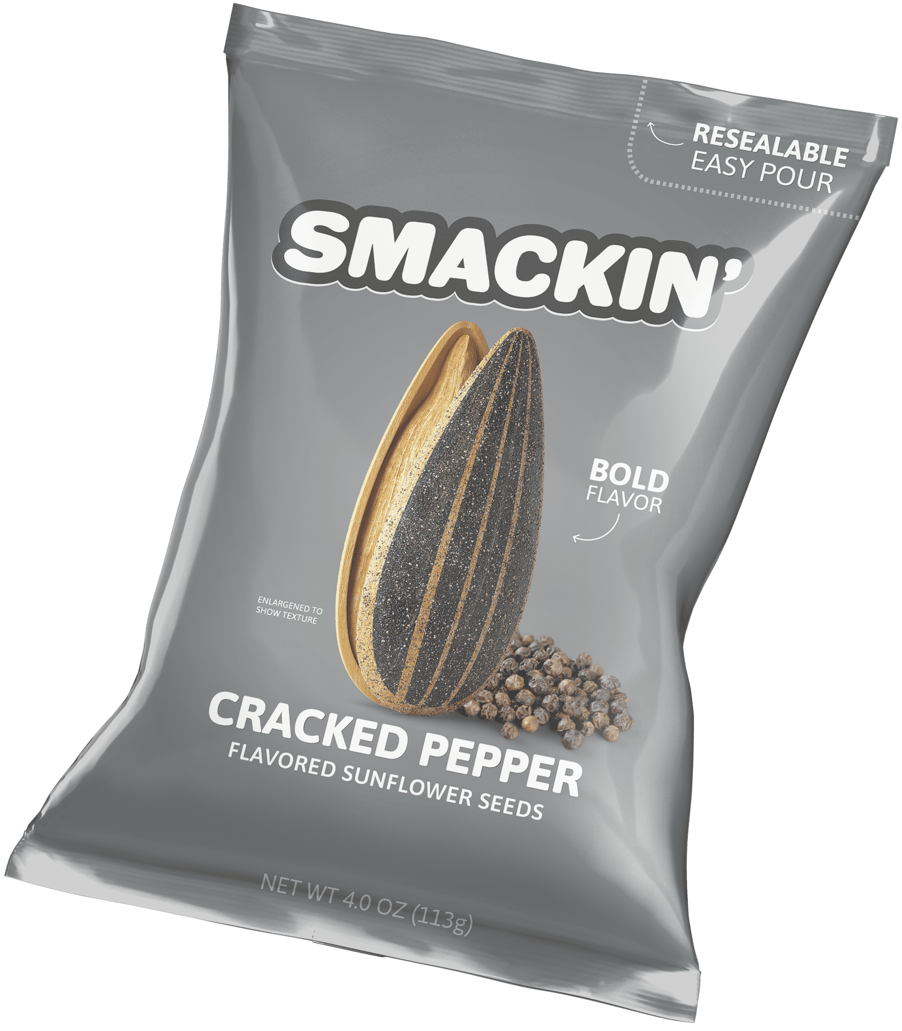 SMACKIN' - Jumbo Roasted Sunflower Seeds, No Salty Burn, American Made, Easy Pour & Seal - Cracked Pepper, 4oz bag (12 Bags)