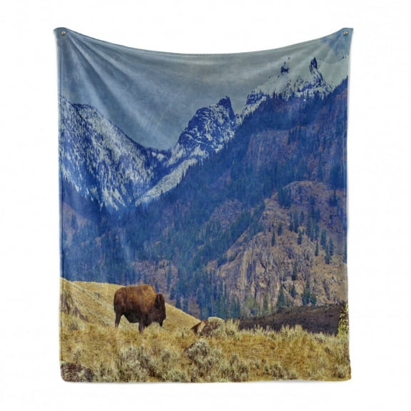 Wyoming Soft Flannel Fleece Blanket, Panoramic Landscape with Lonely Bison and Snowy Mountains at Grand Loop Yellowstone, Cozy Plush for Indoor and Outdoor Use, 70" x 90", Multicolor, by Ambesonne