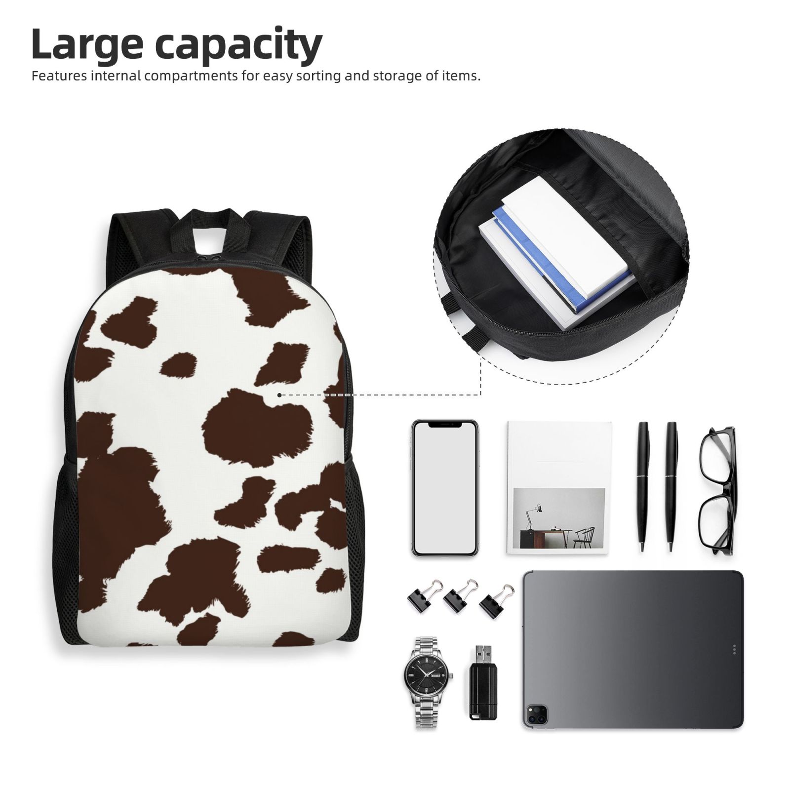 Horeoi Brown Cow Print Waterproof 600D Oxford Laptop Backpack for School Travel Work - Lightweight Durable Bag with Adjustable Straps