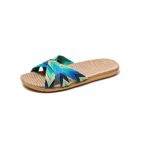 

Ritualay Women Men Slides Beach Flat Sandals Linen Slide Sandal Casual Comfort Shoes Unisex Summer Green A 5-5.5