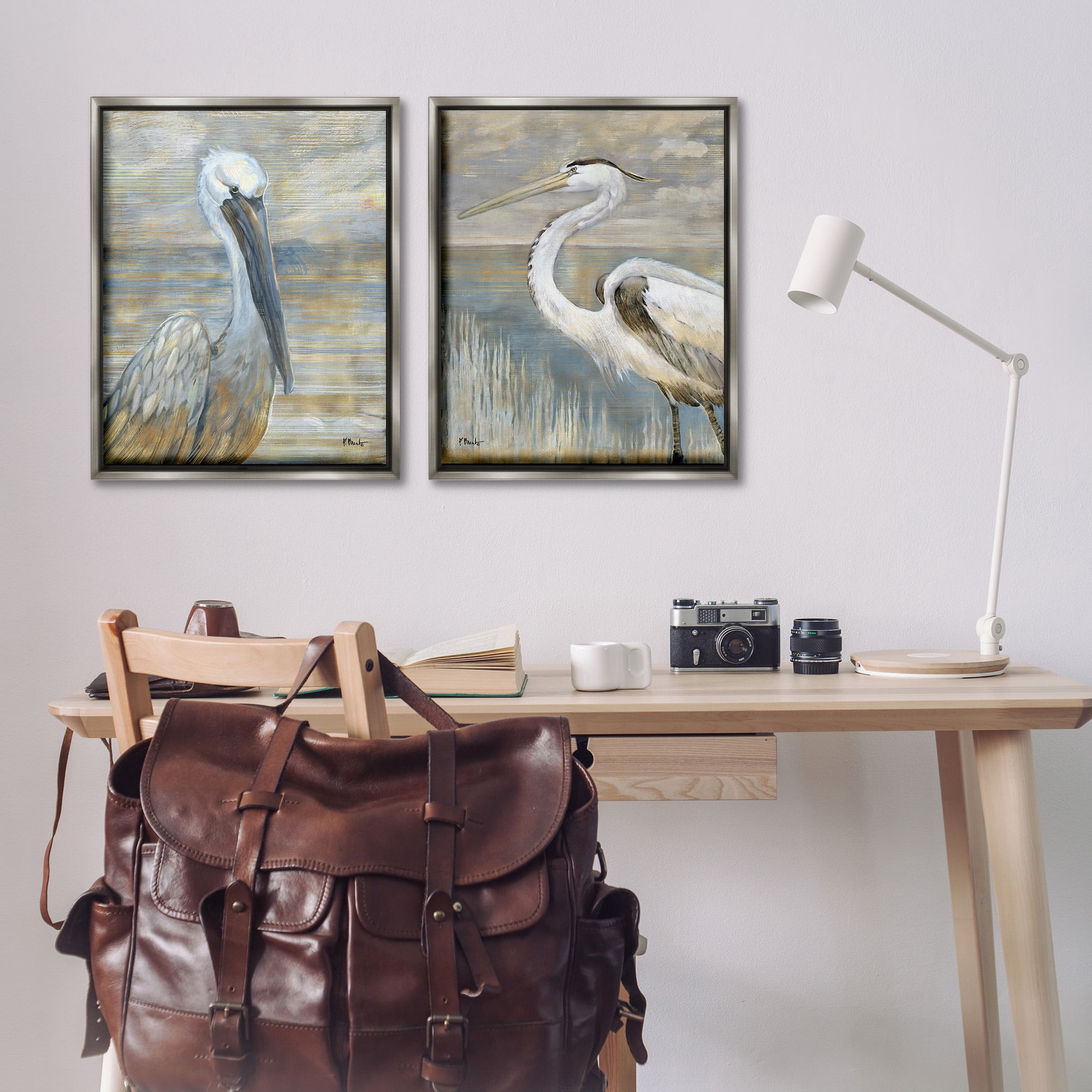 Stupell Industries Sea Birds Abstract Beach Animals & Insects Painting Gray Floater Framed Canvas Art Print Wall Art, 25 x 31, Set of 2
