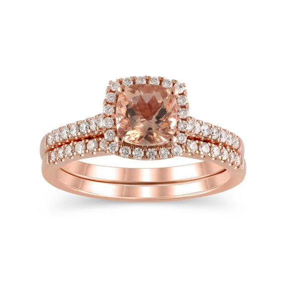 3/8 Carat T.W. (I2 clarity, H-I color) Brilliance Fine Jewelry Cushion cut Morganite and Diamond Bridal set in 10kt Pink Gold, Size 5