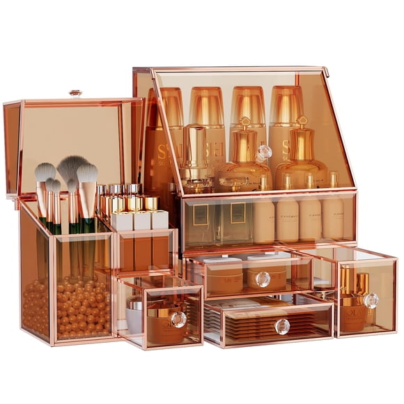 Youdepot Encimera organizadora de maquillaje de vidrio templado - Organizador de cosméticos multifuncional 3 en 1 para pinceles de lápiz labial para el cuidado de la piel - Organizador de tocador y or