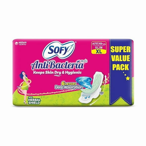 Sofy AntiBacteria XL - 290mm | 48pads | Women Sanitary Pads | Keep Skin Dry | 6 Layer Deep Absorption