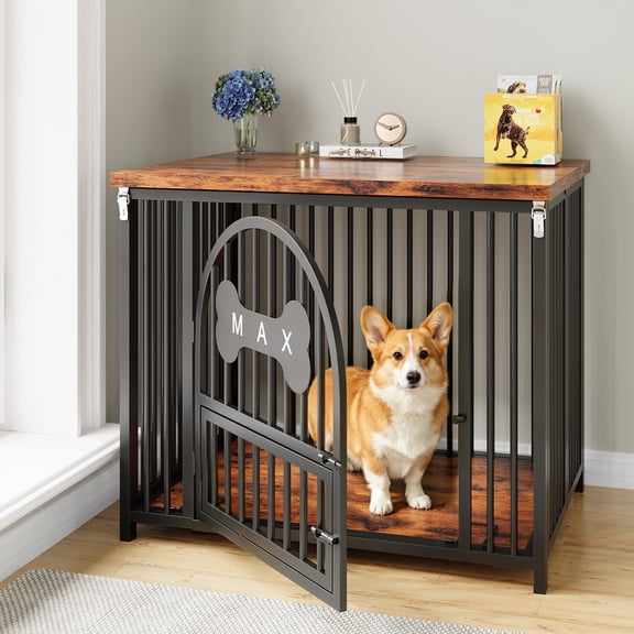 HavenlyYouth Dog Crate Furniture, Foldable Heavy Duty Dog Kennel Indoor for Medium Dogs, Double-Door Dog Cage with Lock, Dog Crates Use as Side End Table, Rustic Brown