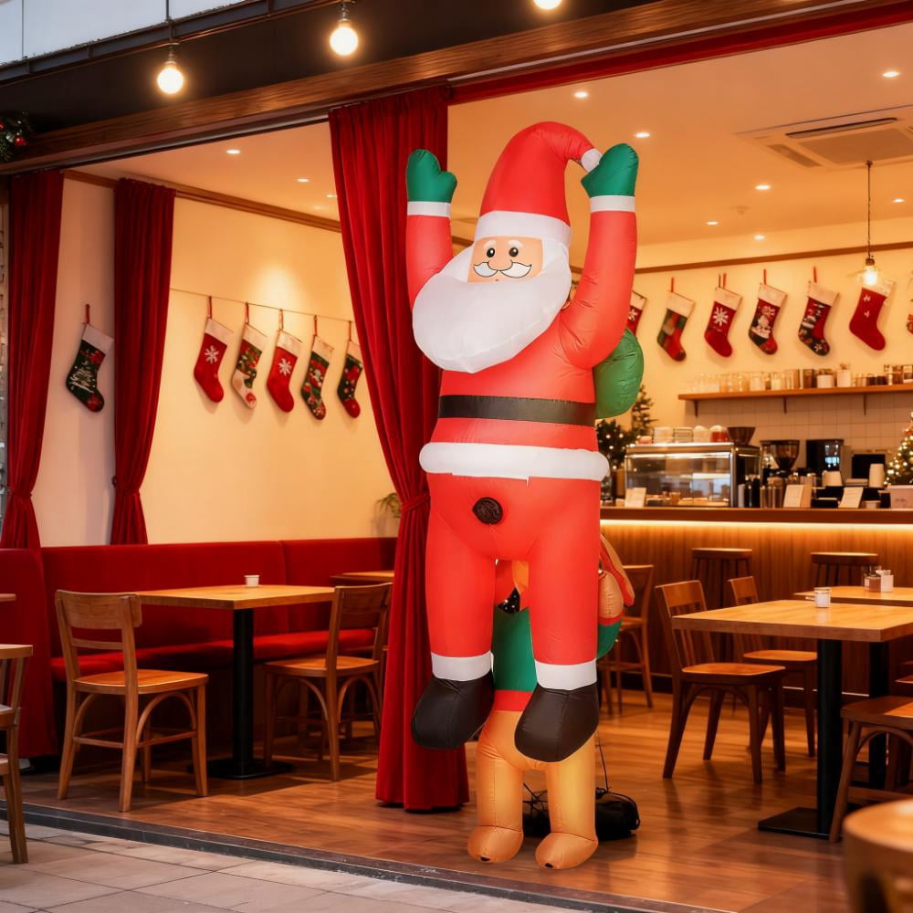 Santa Falling Off Roof Inflatable with Dog Biting Santa Comedic Design LED Lights Outdoor Yard Decoration