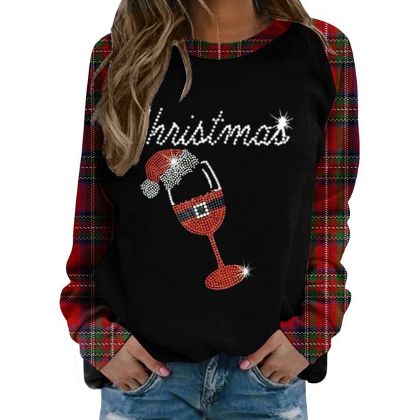 Gibobby Sudadera de Navidad para mujer Sudadera casual con estampado navideño para mujer, cuello redondo, manga larga, sudadera raglán(Rojo,M)