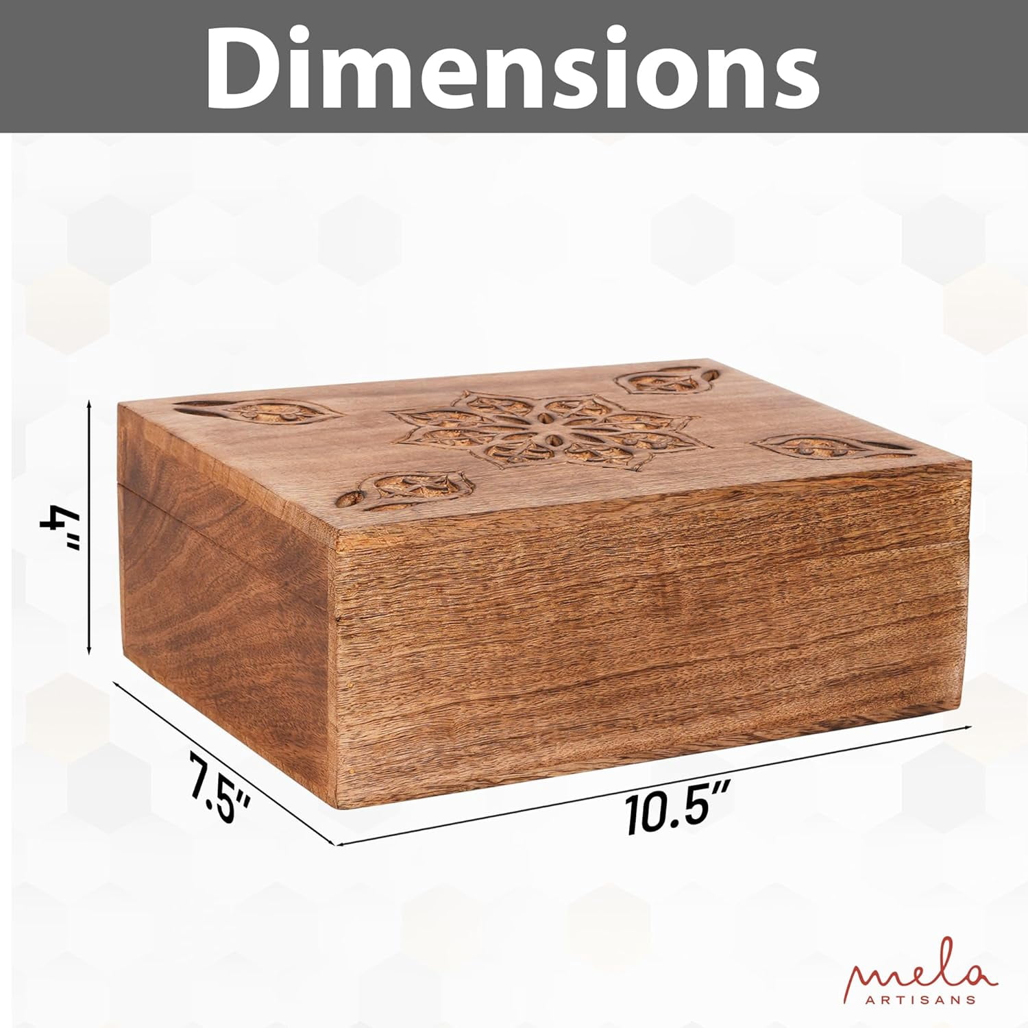 Mela Artisans Decorative Medium Burnt Mango Wood Box with Lid, Extra Large Wooden Box, XL, 10.5" x 7.5" x 4"