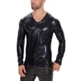 thumbnail image 6 of Men Shiny Patent Leather T-shirt, Long Sleeve, Male Soft Leather Casual V-neck Tops, 6 of 7