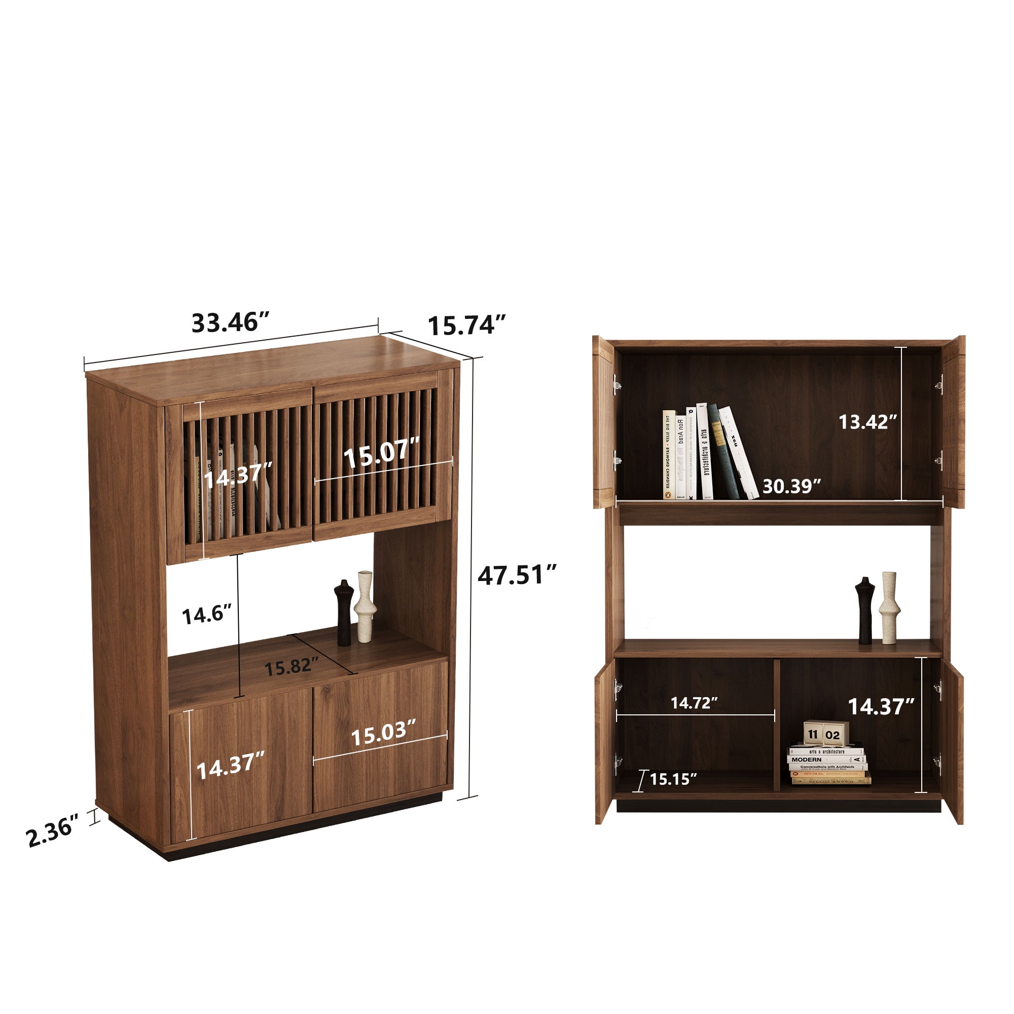 NessCarsti Modern Storage Cabinet, 4 Doors, Shelves, Walnut Brown, 33.46"