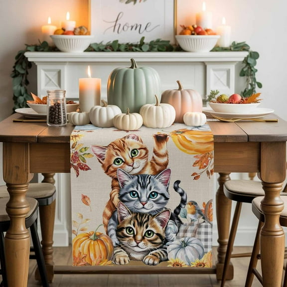 Thanksgiving Cat Table Runner, Autumn Thanksgiving Kitchen Dining Table Decoration for Home Party Decor 13x120 Inches