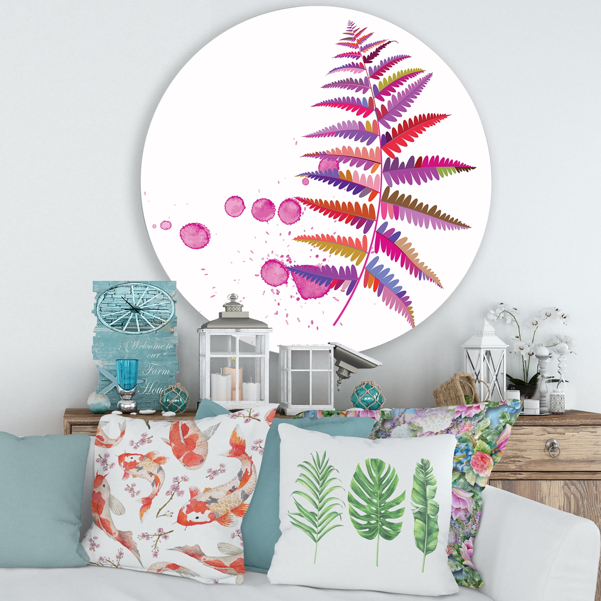 Designart 'Purple Fern With Purple Splash' Farmhouse Circle Metal Wall Art 29x29 - Disc of 29