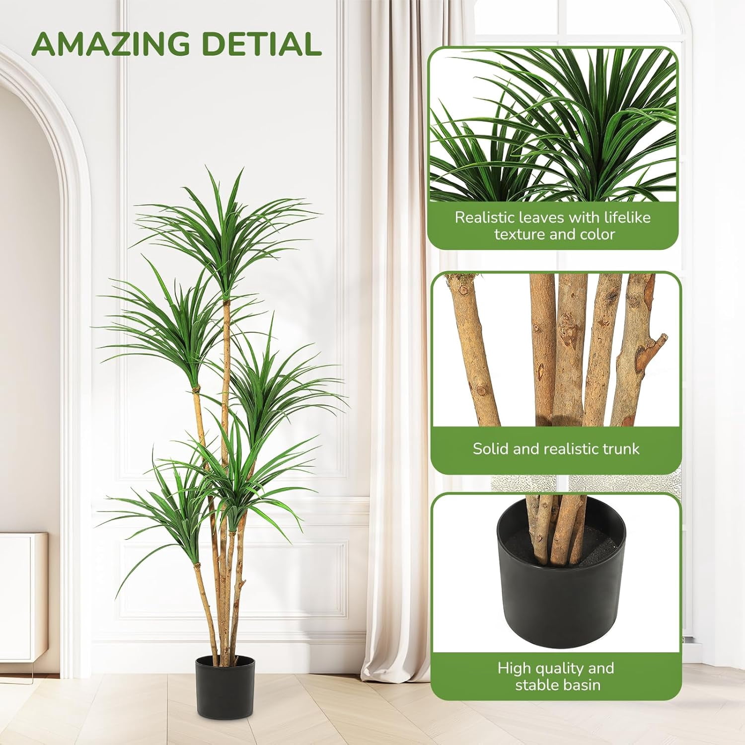 Dracaena Artificial Plant,4FT/5FT/6ft Tall Faux Dracaena Plant with Pot Faux Plants Indoor Artificial House Floor Plants Outdoor Fake Dracaena Trees for Home Office Decor Ideal Housewarming Gift