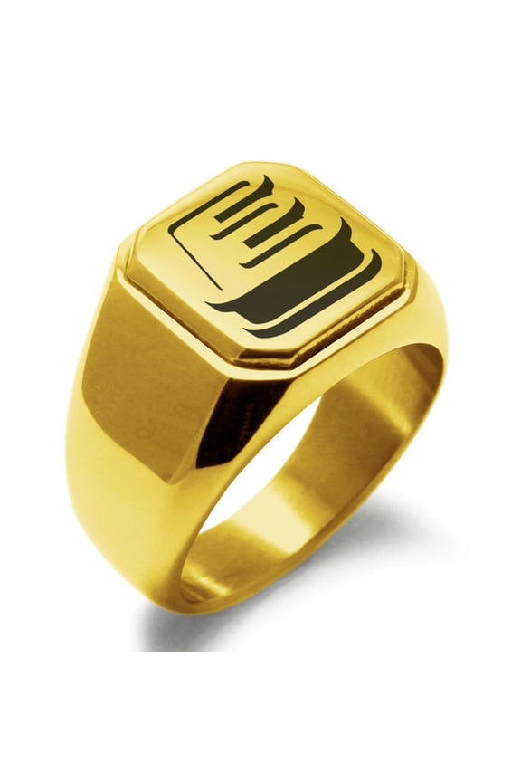 Stainless Steel Letter E Initial 3D Monogram Engraved Engraved Square Flat Top Biker Style Polished Signet Ring