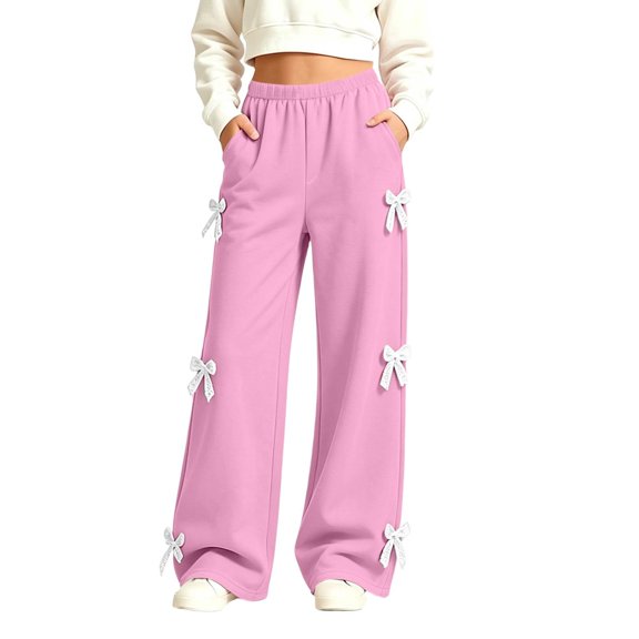 Girls Sweatpants with Lace Bow Elastic Waist Cute Casual Baggy Kids Wide Leg Pants Pink 6-14