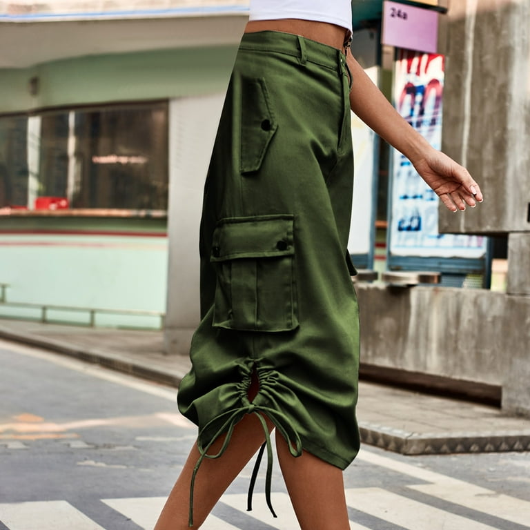 Women Cargo Skirt Mid Length Denim Skirt Side Drawstring Women Cargo Skirt Mid Length Denim Skirt Side Drawstring