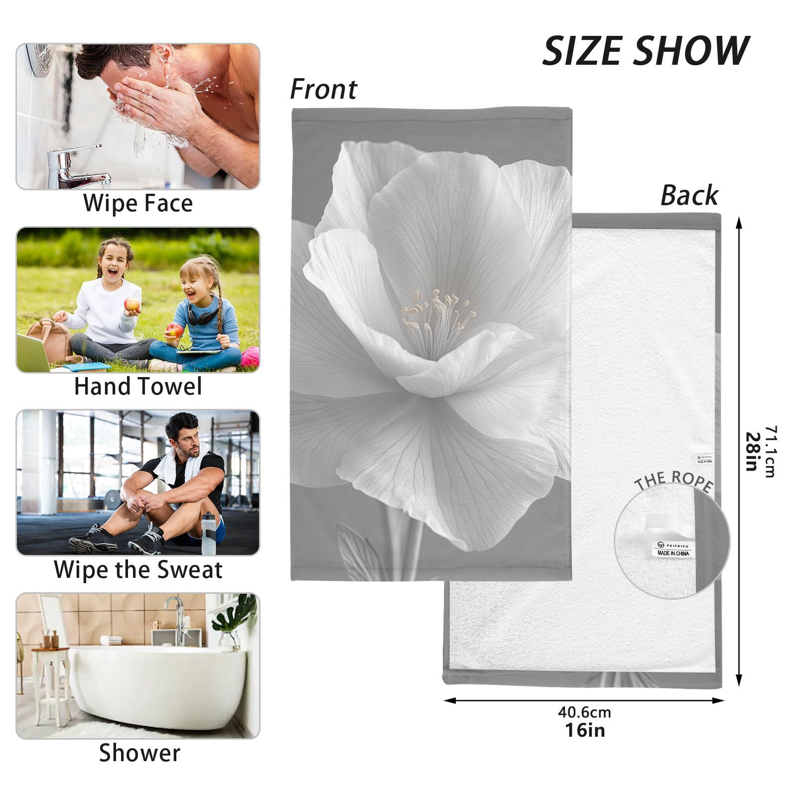 Gray Flower Hand Towels Cotton Bath Towels Large Face Towels Absorbent for Bathroom 2 Packs
