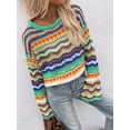 thumbnail image 5 of Hotian Women Striped Pointelle Knit Pullover Jumper Sweater Colorblock Casual Knitwwear Green M, 5 of 6
