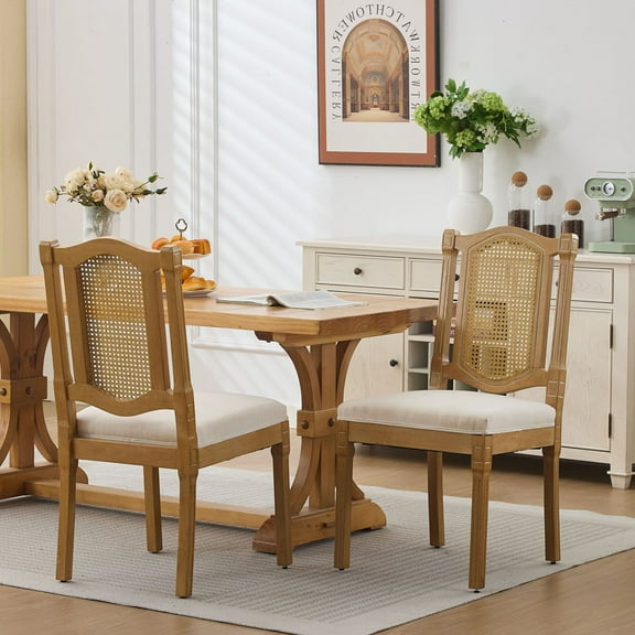 S-HOME Full Solid Wood Rattan-Back Dining Chair Set of 2 with Matte Linen Cushion and Ergonomic Design for Rustic and Natural Styles, Beige