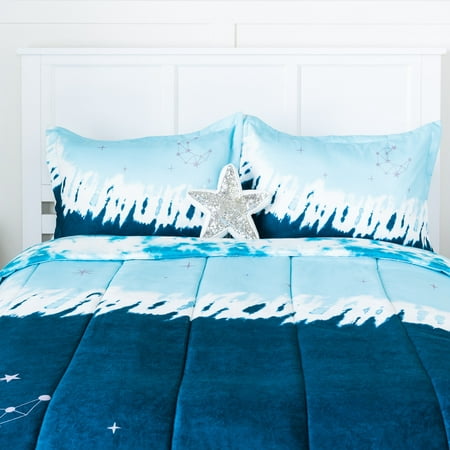 Justice Tie Dye Moon Reversible 4-Piece Queen Comforter Set with Decorative Pillow, Microfiber, Blue