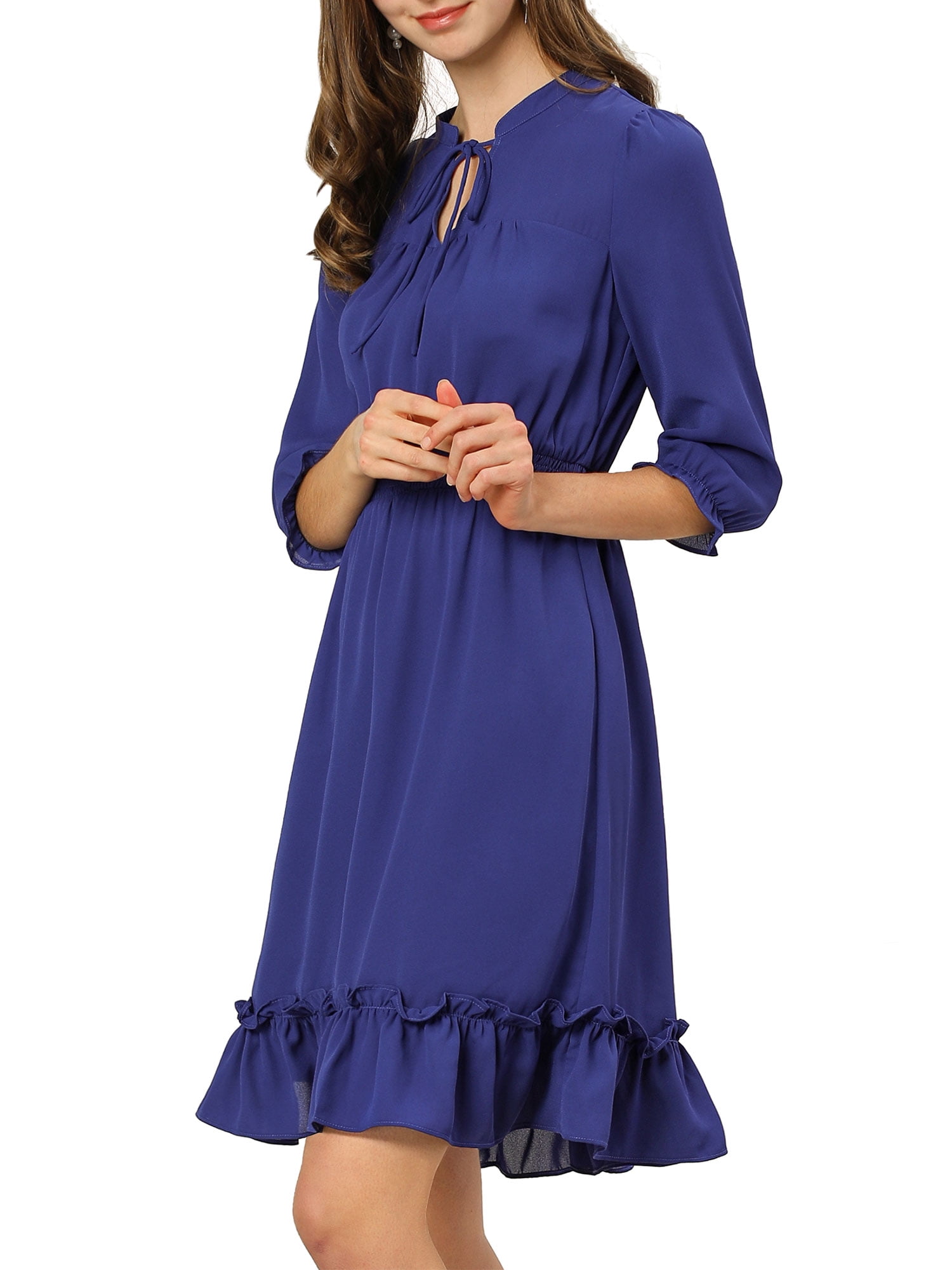 Daring Diva Tie V Neck Chiffon 3/4 Sleeve Smocked Mini A-Line Dress L Royal Blue, Women's, Size: Large Daring Diva Tie V Neck Chiffon 3/4 Sleeve Smocked Mini A-Line Dress L Royal Blue, Women's, Size: Large