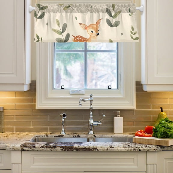 Baby Deer and Green Leaves Curtain Valances Farmhouse Design Window Treatment Decor Blackout Rod Pocket for Windows Living Room Kitchen 54" x 18"