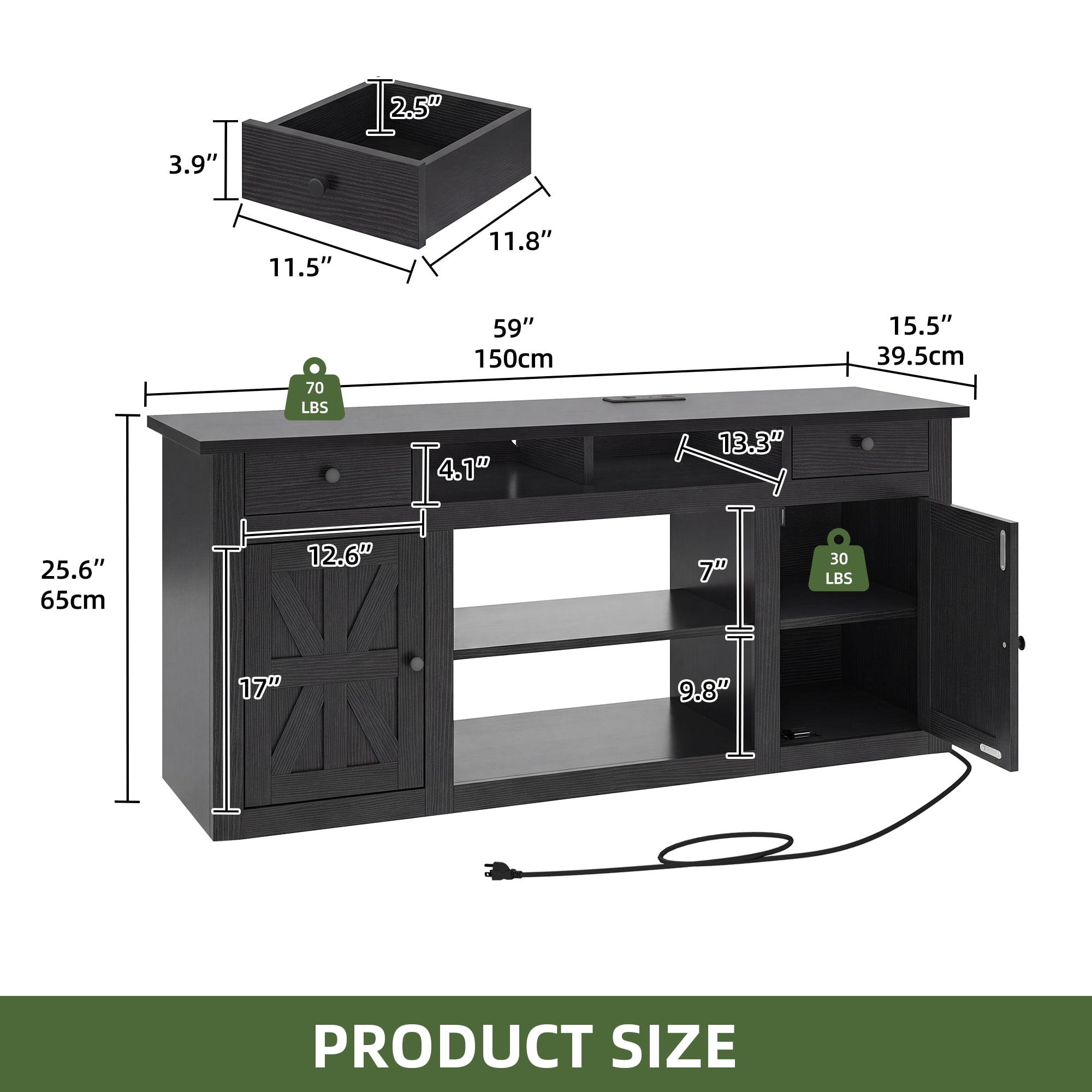 Uforic 65 Inch Farmhouse TV Stand with Built-in Charging Station, 2 Drawers & Adjustable Shelves for Living Room Bedroom, Black