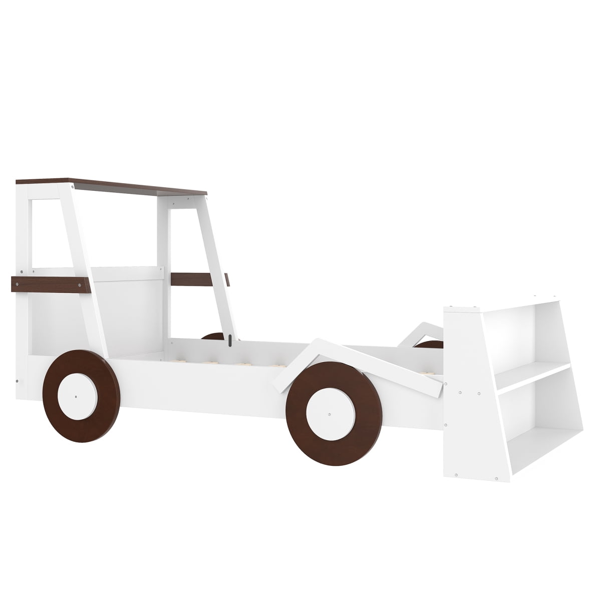 Luckynote Twin Car Bed, Platform Design with Storage Shelves, Themed Race Car Shape for Themed Rooms, Brown & White