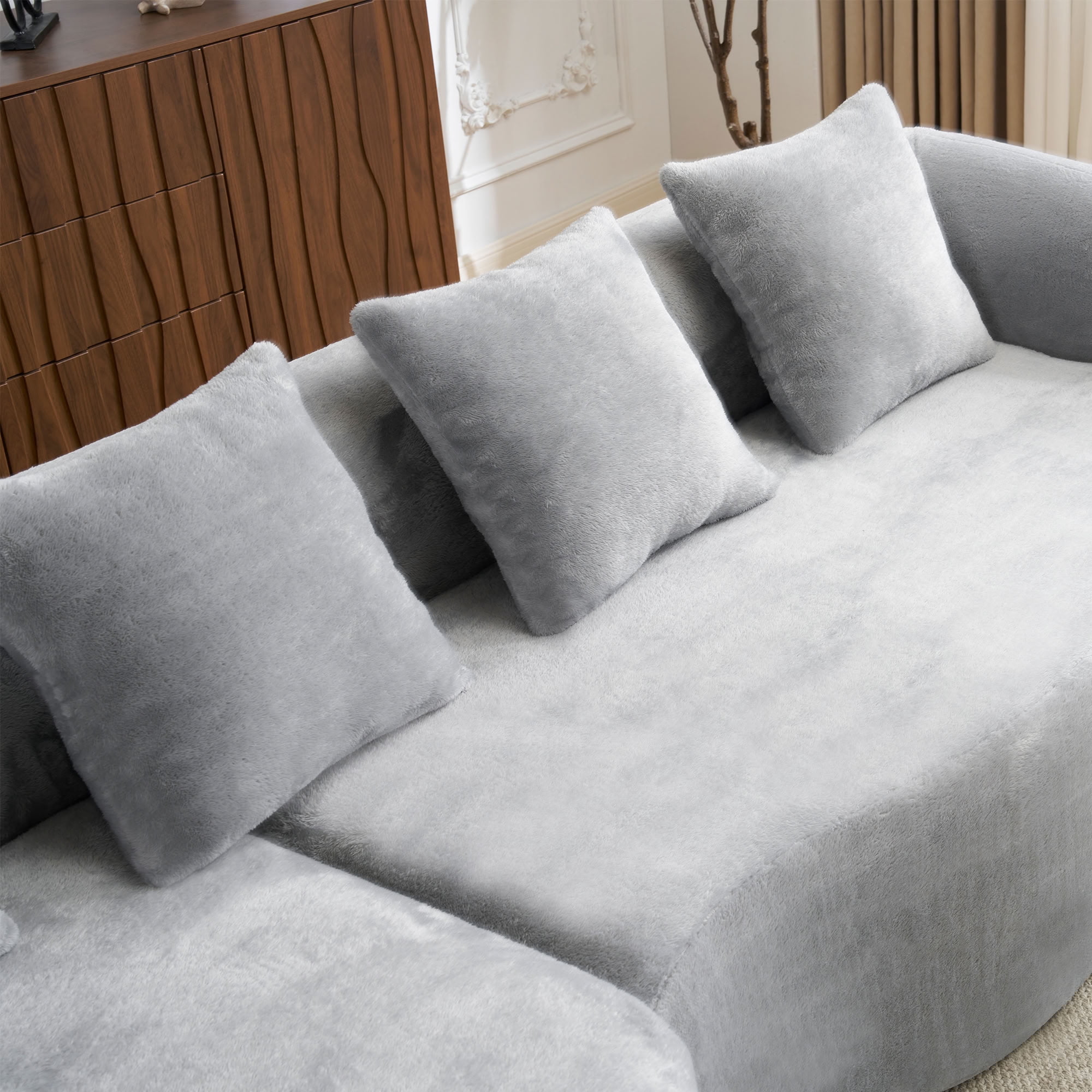MAYEERTY L-Shaped Sectional Sofa with Curved Chaise Lounge, Chenille Modular Couch with 4 Throw Pillows, No-Assembly for Apartment Living Room Small Spaces
