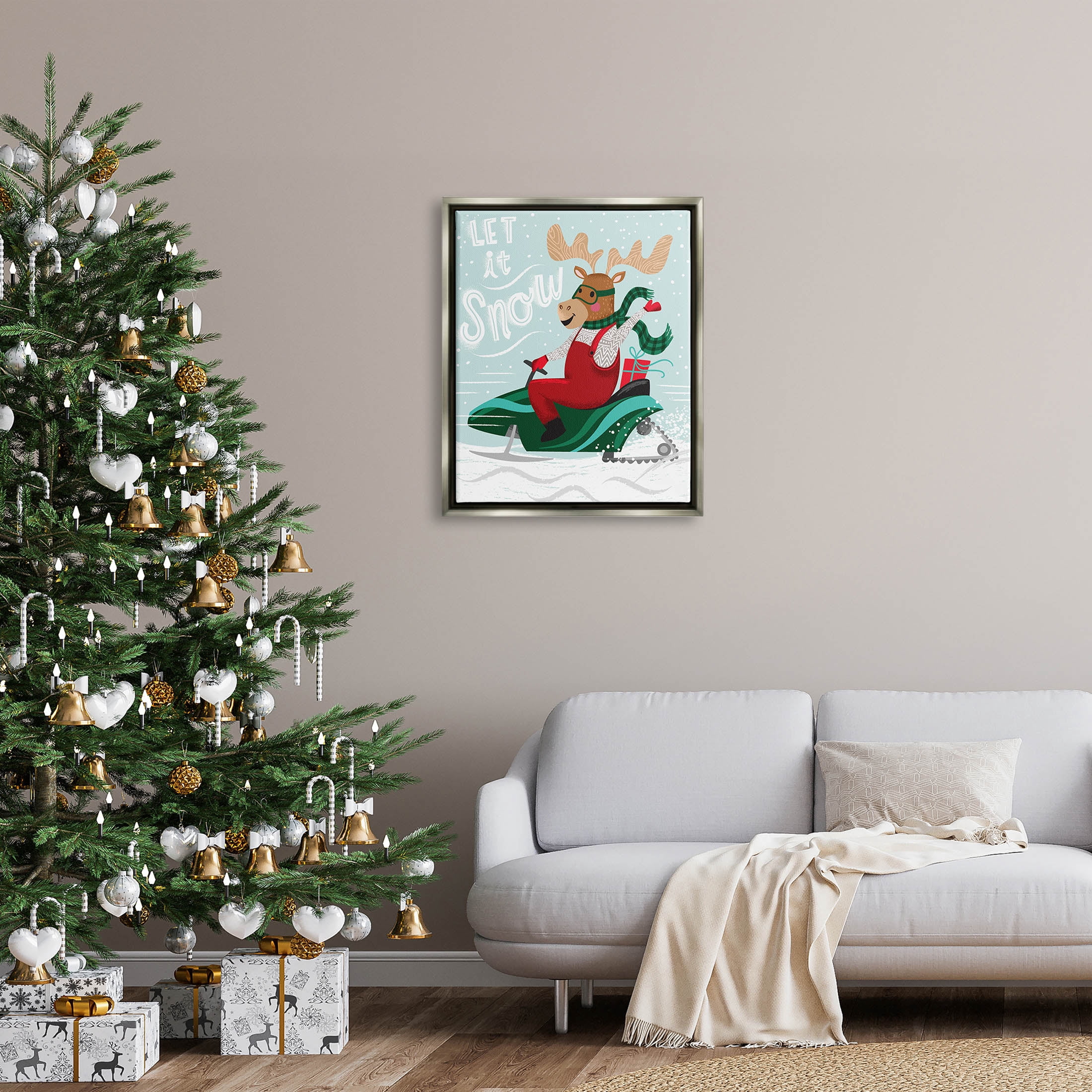 Let It Snow Moose Sleigh Holiday Graphic Art Luster Gray Framed Art Print Wall Art