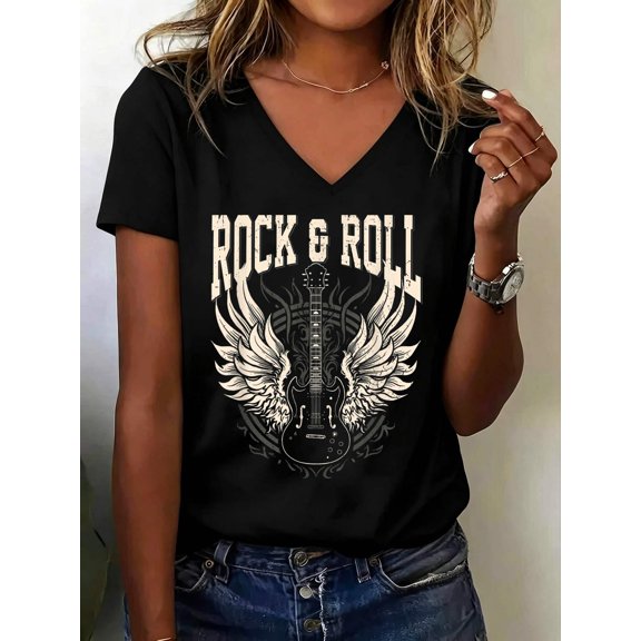 Rock and Roll Lover Gifts Cool Electric Guitar Concert Band V Neck T-Shirt Cotton Women's V Neck Graphic Tee, Casual Short Sleeve Shirt,Vacation Outfit
